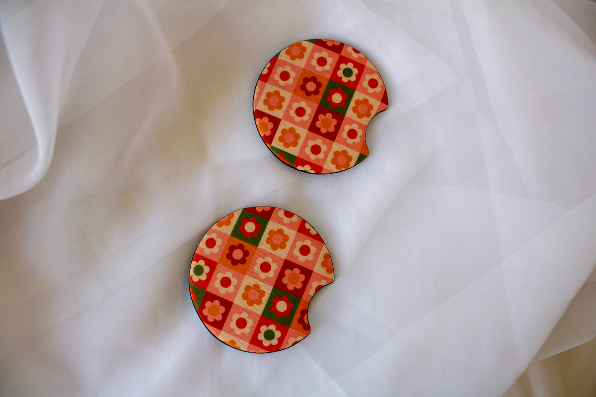 Checkered Flowers Car Coasters